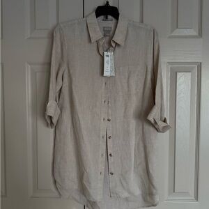 Chico's No-Iron Linen High-Low Shirttail-Hem Tunic Sand  Button Down Sz 0 - NWT
